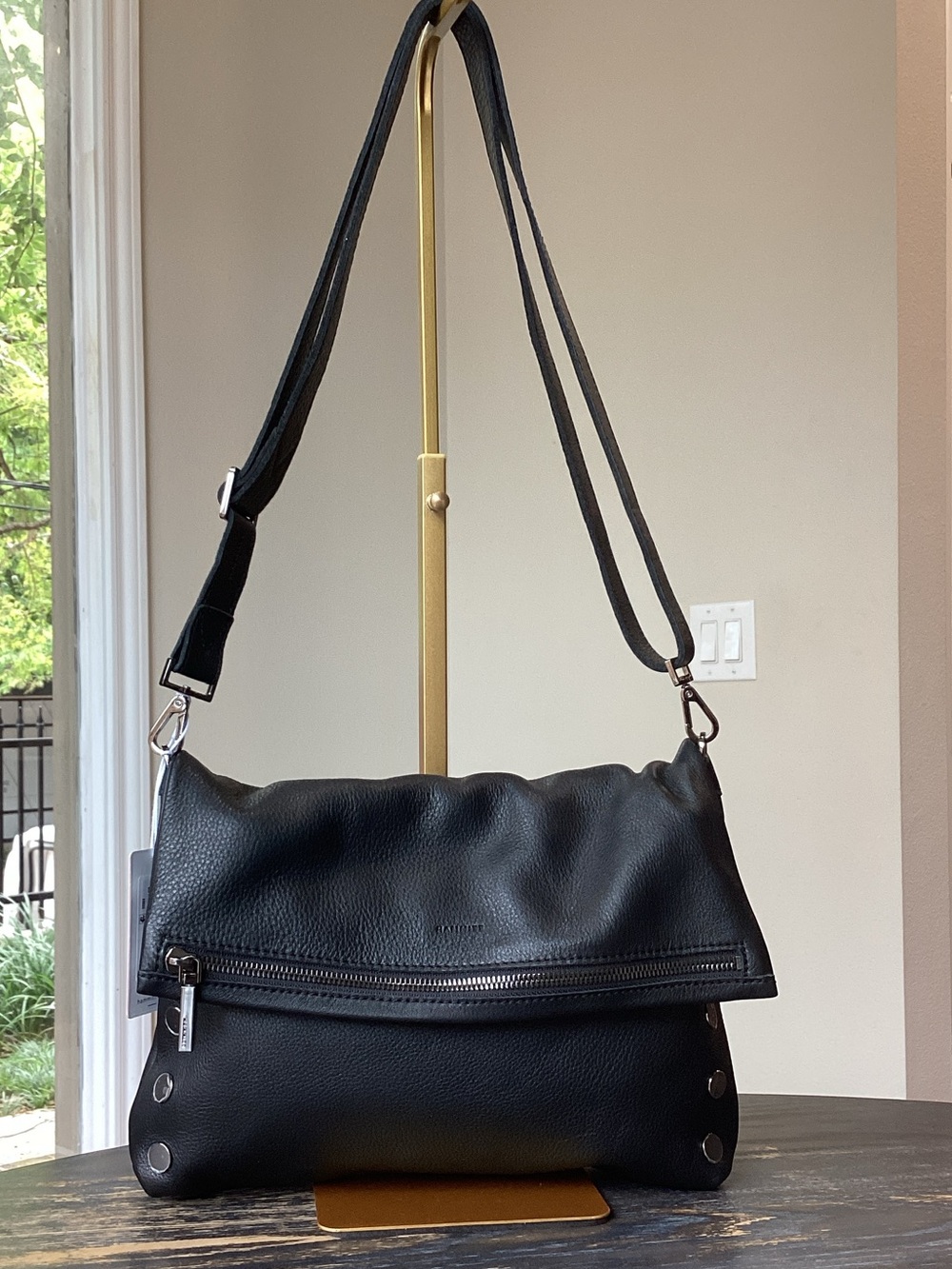 Hammitt VIP Large Black Pebbled Leather Fold-Over Shoulder Bag